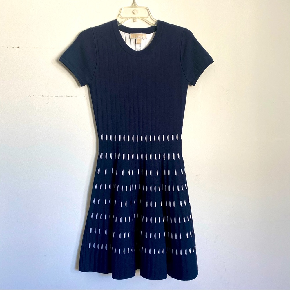 MICHAEL KORS form fitting navy intarsia knit dress